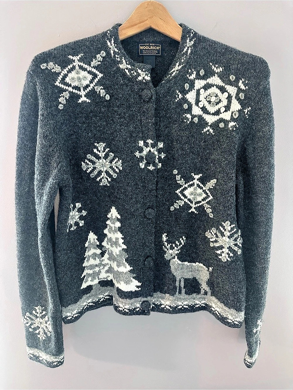 Woolrich Wool Knit Snowflake Nordic Cardigan Sweater Women's M Dark Charcoal